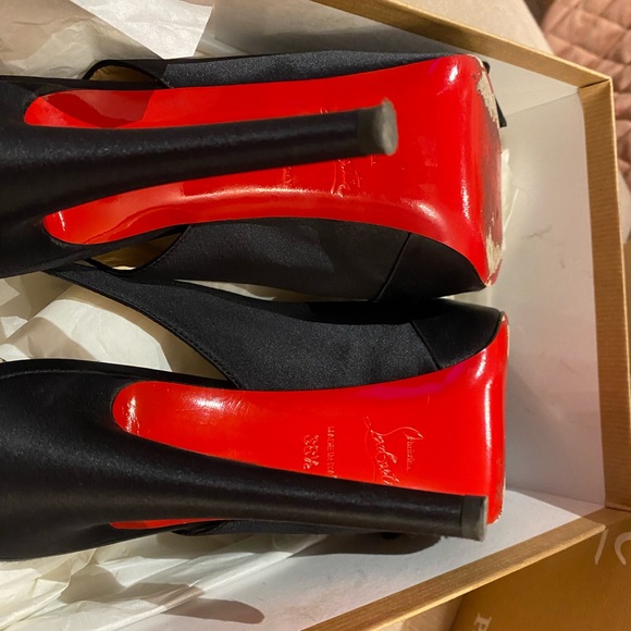 💯 Authentic Christian Louboutin black satin Bow Slingback Platform heel 38.5 - Picture 8 of 9